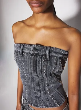 washed black spiral denim studded bustier